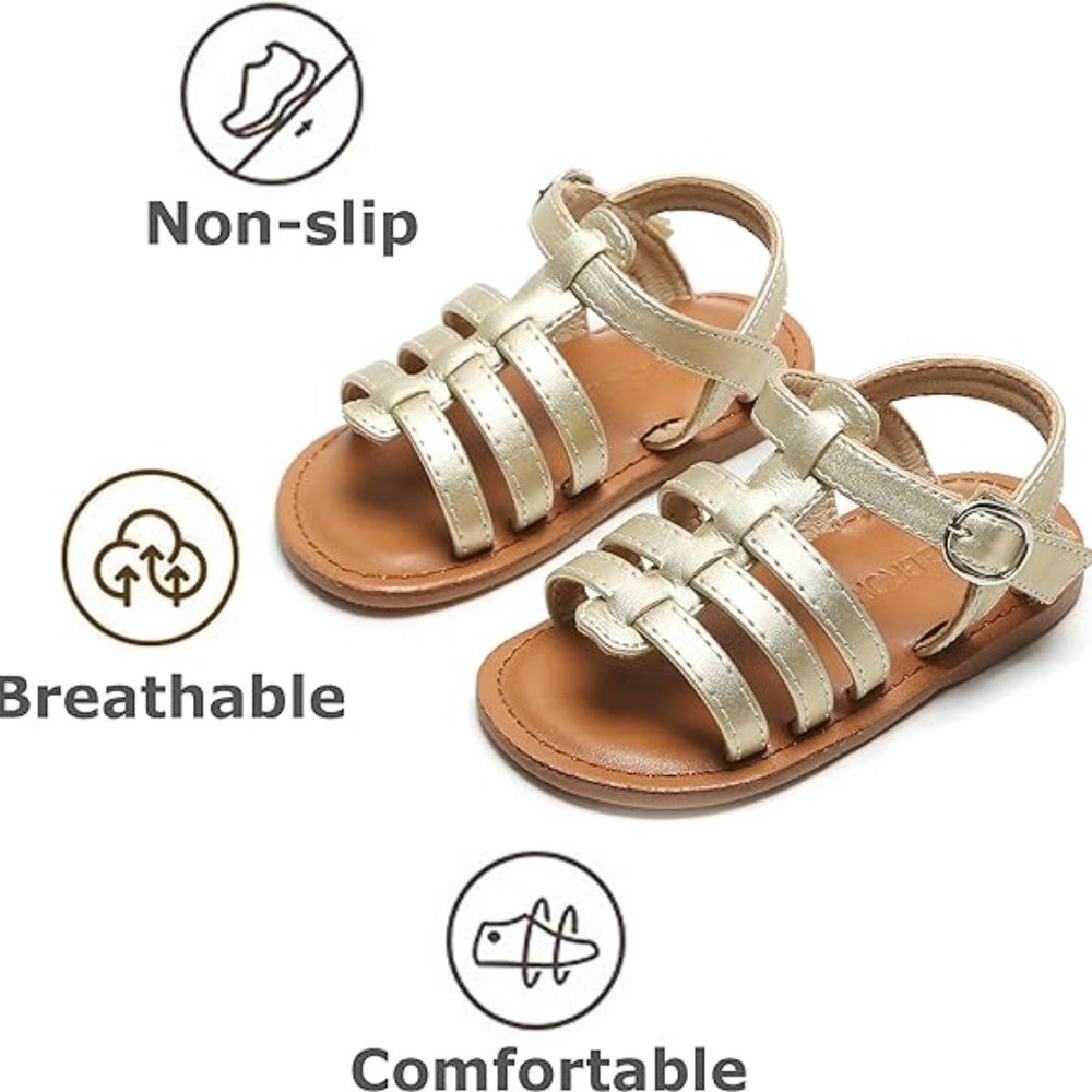 THEE BRON Girl's Toddler Classic Sandals Flat Shoes GOLD METALLIC SIZE 7
